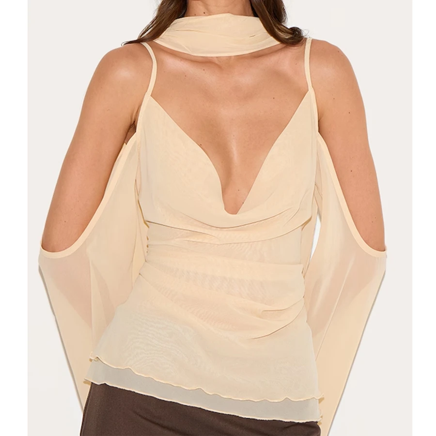 Elegant Women V-neck Cold Shoulder Tops and Scarf Casual Back Zipper Cowl Neck Long Sleeve Shirt for Club Streetwear