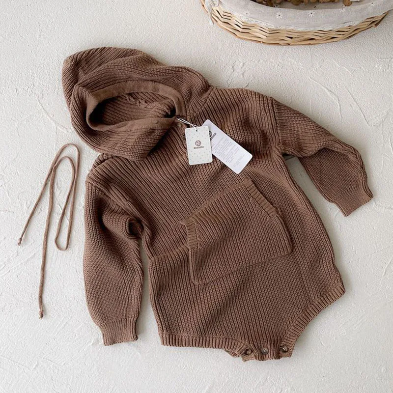 Autumn Spring Korean Style Knitting Climbing Suit Long Sleeved Solid Color Hooded Knitting Toddler Baby Boys Girl Romper