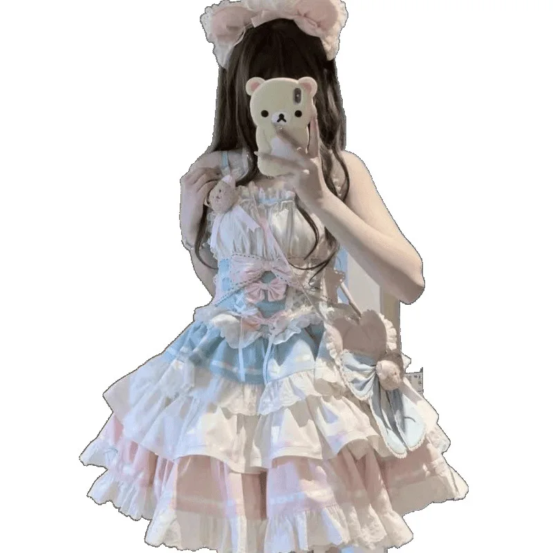 2025년 신상 스위트 걸즈 로리타 드레스 여성 빈티지 Y2K 리본 러플 플라잉 슬리브 파티 프린세스 드레스 일본 요정 미니 드레스