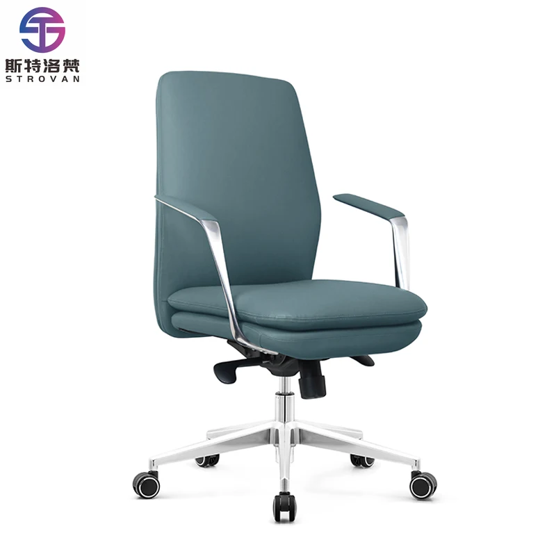 Silla de oficina de cuero PU con respaldo medio de apoyo, asiento acolchado y respaldo, reposabrazos fijos, reduce la fatiga trasera durante mucho tiempo de trabajo