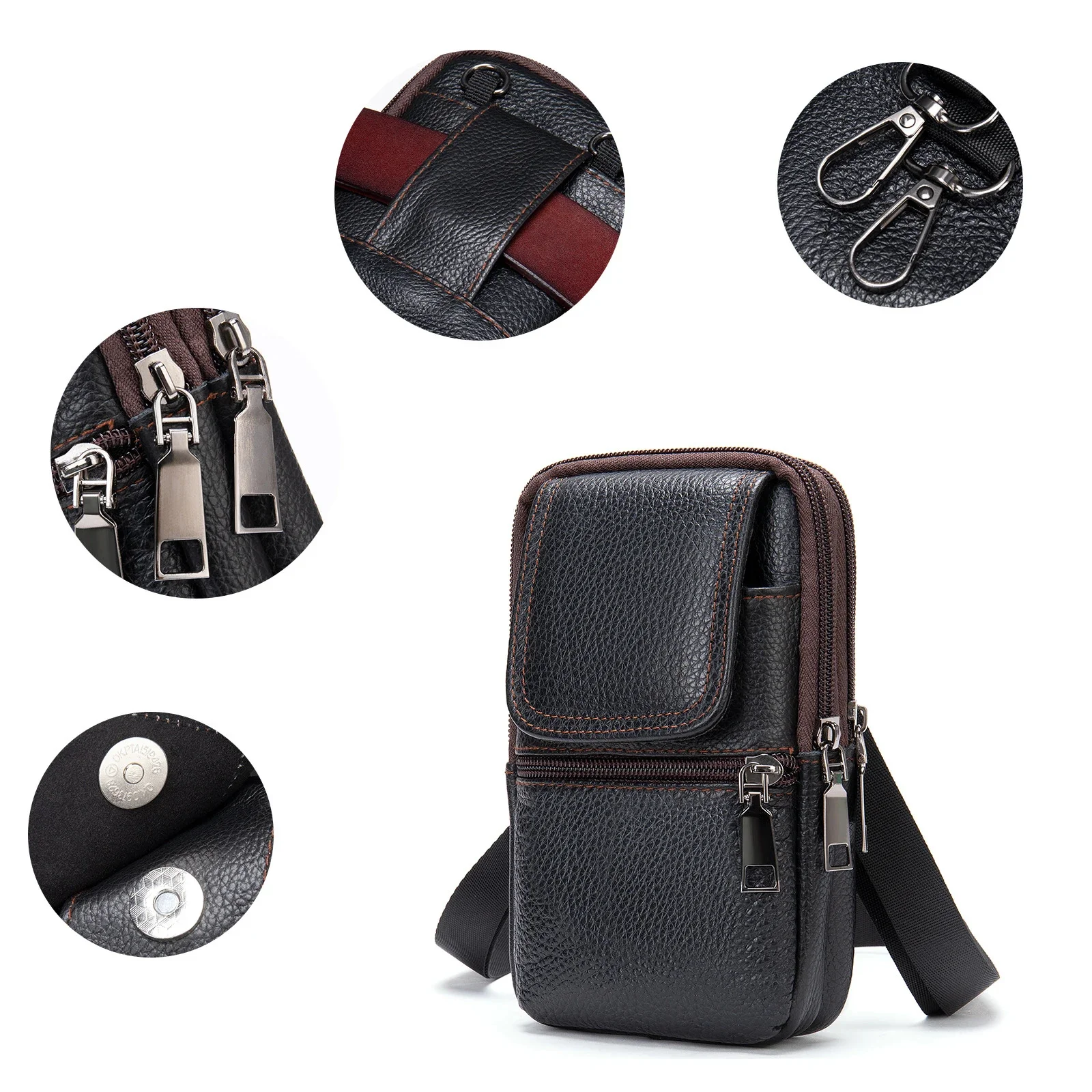 Sac taille en cuir pour homme, poudres de téléphone, sangle initiée, petit sac de taille masculin, porter sur la ceinture, écharpe pour homme