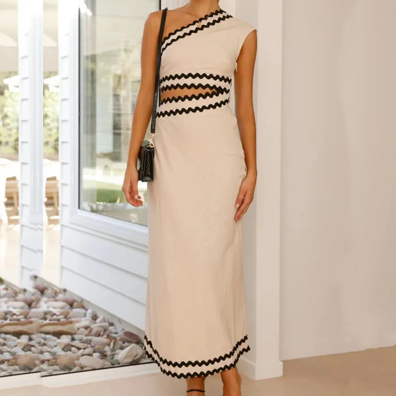 Fashion Asymmetric Slim Club Party Dress Casual Stripe Print Sleeveless A-line Dress 2024 Women Diagonal Neck Hollow Long Dress