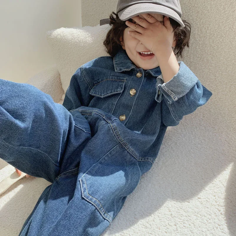 Children Denim Overalls Jumpsuit Kids Jeans Toddler Boy Pants Jean Fashion Korean Baby Clothes Girls Long Sleeve Romper Playsuit