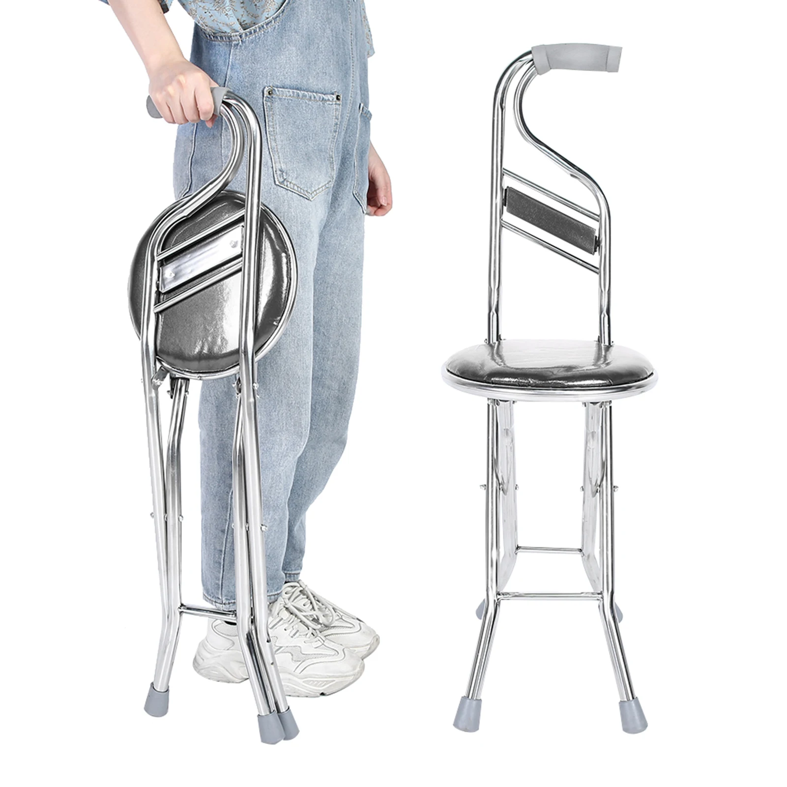 مقعد عصا يد قابل للطي للمشي ، فولاذ مقاوم للصدأ لكبار السن ، قصب سميك بأربعة أرجل ، عصا يد للمشي #2