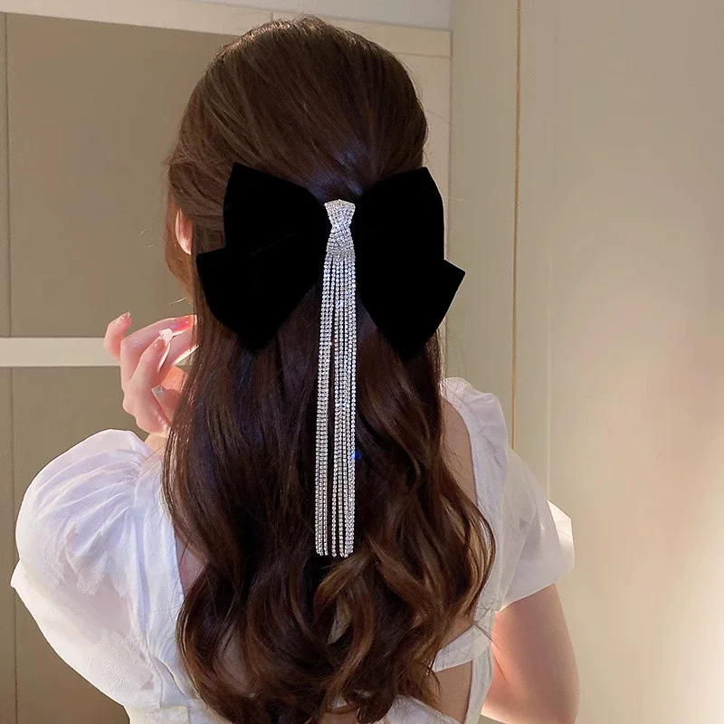 

Fench Style Female Bling Rhinestone Tassels Velvet Bow New Headwear Hairpins Barrettes Party Hair Clips Accessories for Women