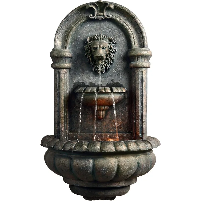 home.home.32.1 in. Wall-Mounted Lion Head Stone LED Outdoor Water Fountain for Gardens,  Outdoor Living Spaces, Antique Bronze