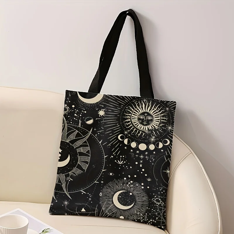 

Sun Moon Pattern Double Sided Printed Casual Tote Bag, Reusable Fashionable Backpack, Multi Functional Handbag, Alphabet Printed