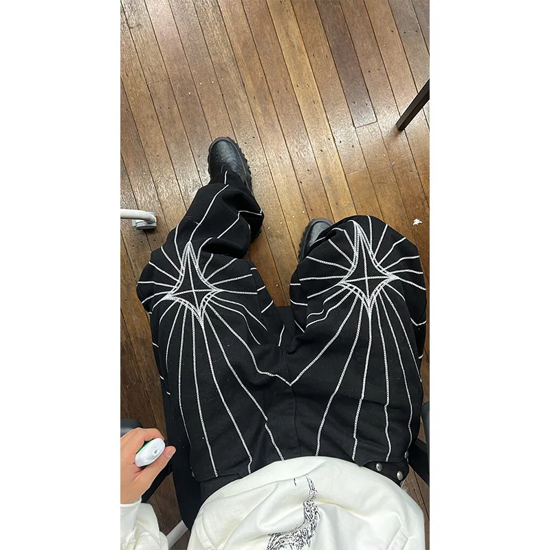 

Джинсы прямого кроя с вышивкой паутиной в уличном стиле, со средней посадкой, на пуговицах, из хлопка, повседневные, в стиле панк, для подростков