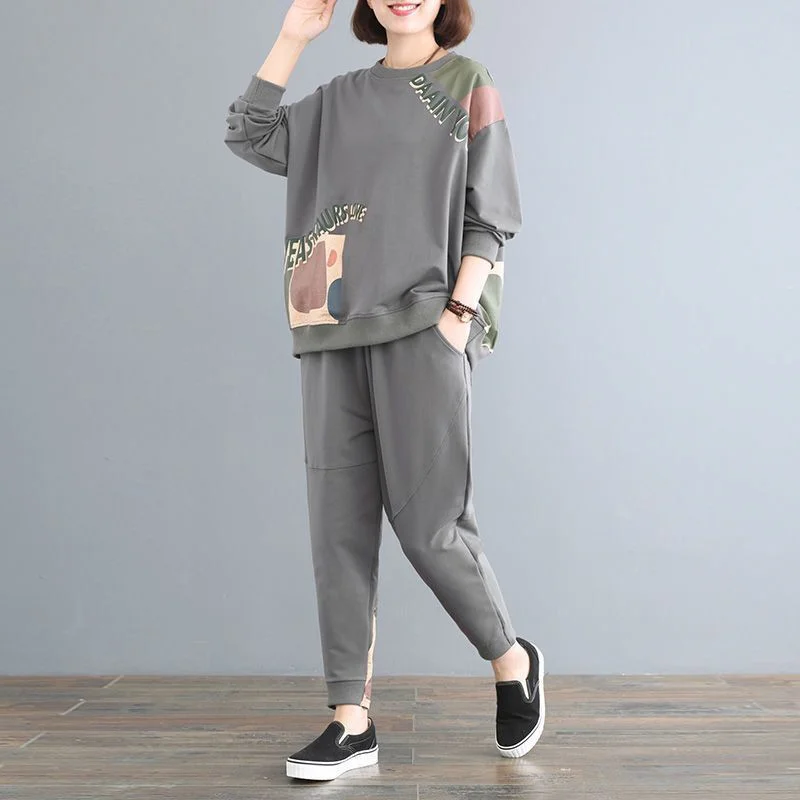 

Женский осенний новый спортивный повседневный костюм с длинными рукавами и ретро-принтом, комплект из двух предметов