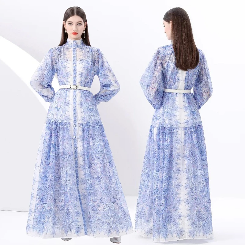 Briti Sle Long Sve Floral Print Stand Collar Maxi Dr Women's Photoaphy Dr Ele Midi Skirt Polyester Fiber