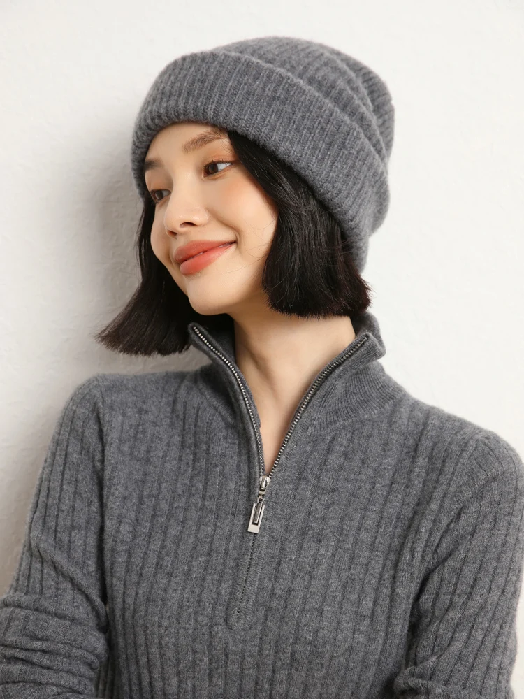 MEETCC nouveau femmes 100% cachemire mince pull pull col rabattu doux chaud tricots automne hiver demi fermeture éclair pulls