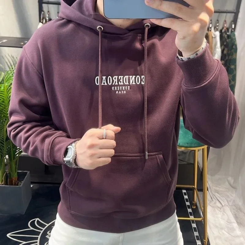 Fleeced Sweatshirts for Men Printing Purple Man Hoodies Pocket Cotton Korean Style Y2k Clothes Sweat Shirt Pastel Color Cheap S