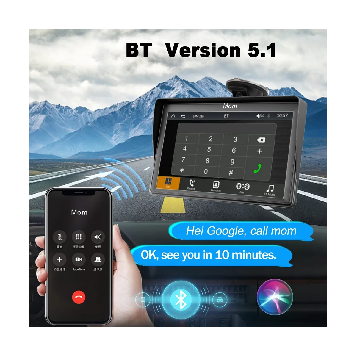 Portable Dash Mount Carplay Display 7In Touch Screen, GPS Navigatin,Bluetooth Car Stereo Radio, Backup Camera, FM