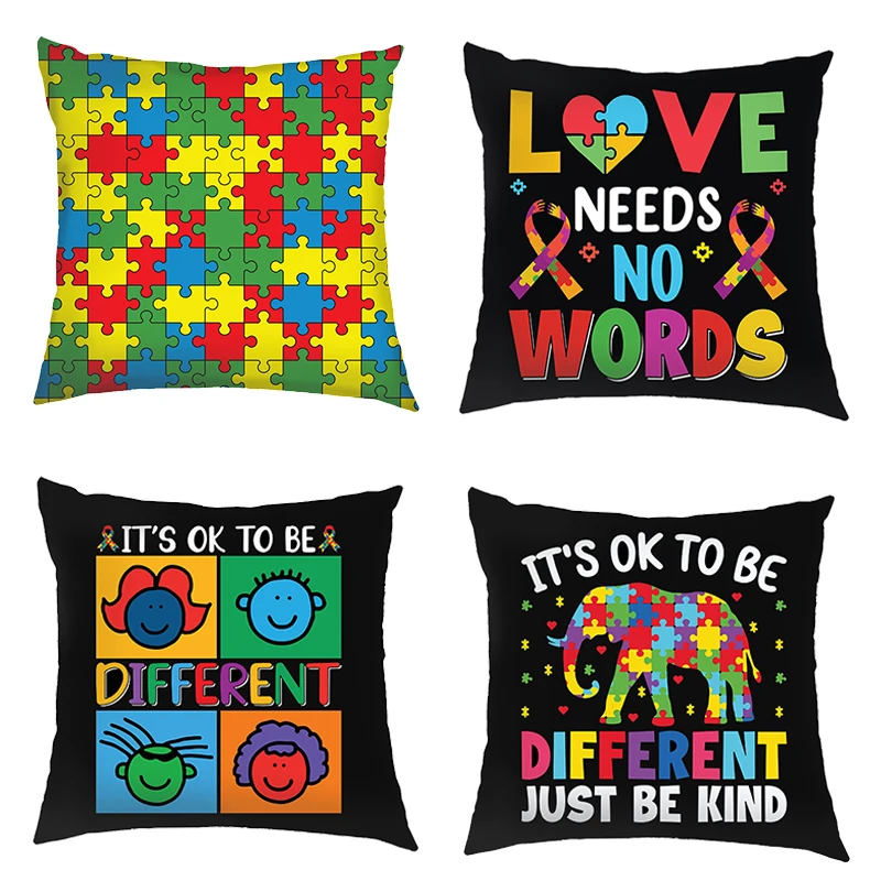 

Autism Awareness Cushion Covers Love Needs No Words Pillowcase Home Sofa Car Decor Throw Pillow Cover for Living Roon Gift