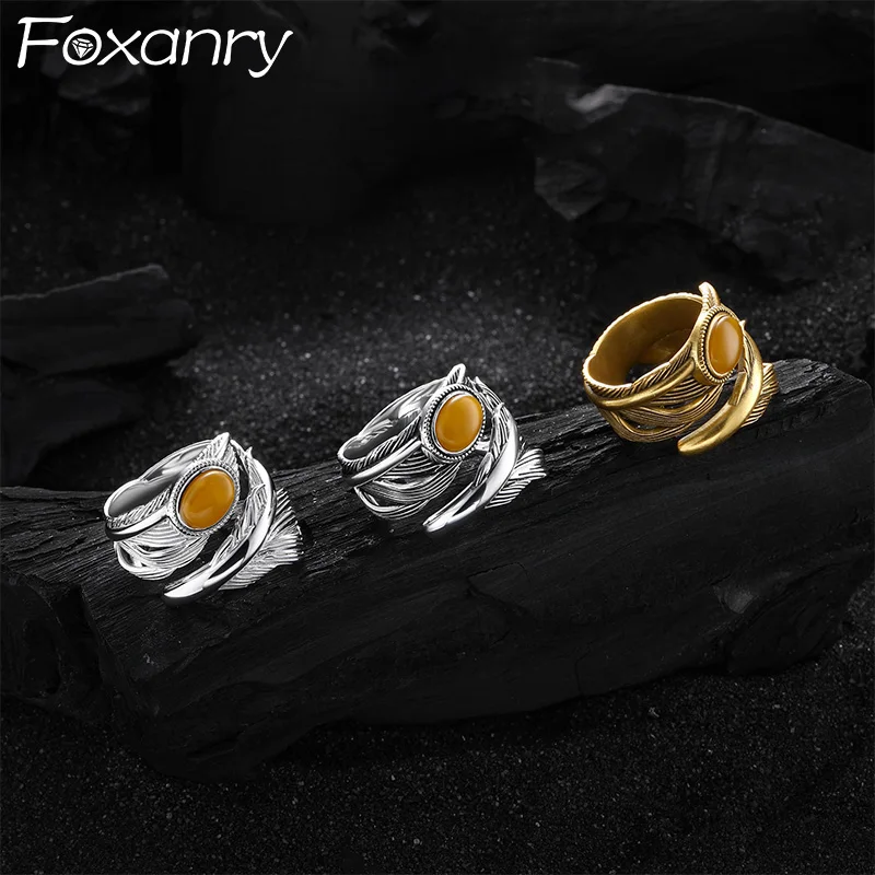 Foxanry Feather Geometric Wide Rings For Women Couples Vintage Personality Trendy Creative Design Temperament Party Jewelry Gift