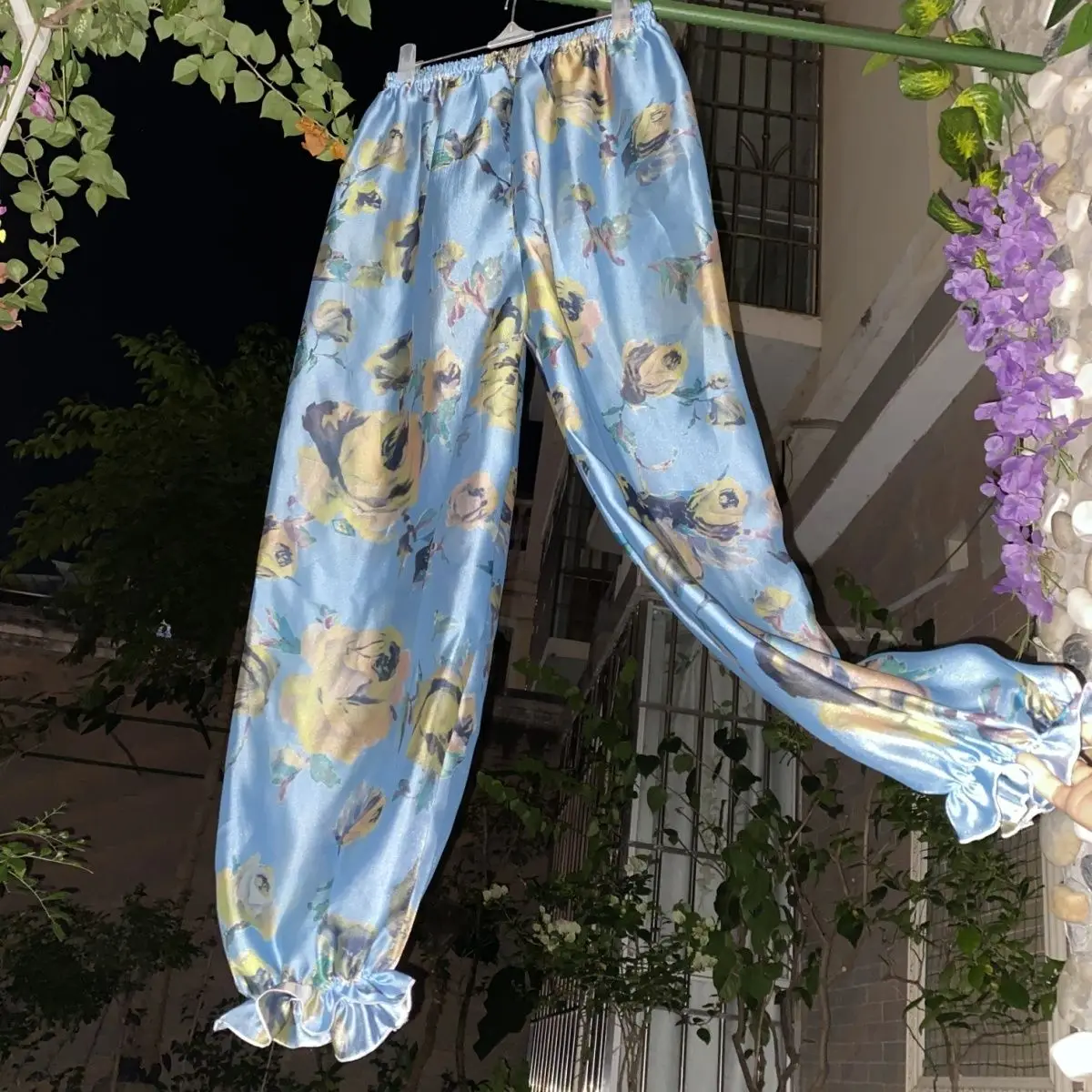 Floral print see through glossy pajamas pants Women Men lantern sleeping bottoms plus size trousers