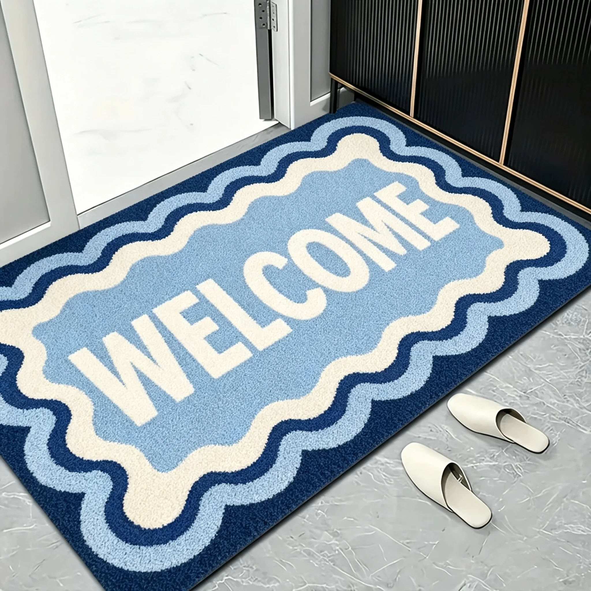 1 printed flannel doormat, rectangular entrance pad, 1 HELLO edge pressed doormat, thick surface for home use, brown base, eye-catching green greeting pattern, pink hot wire