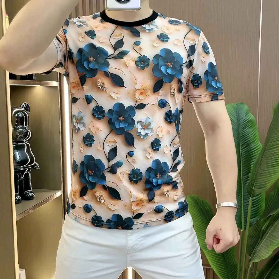 

3D Flower T-shirts Men Summer Short Sleeve Casual Tshirts Slim Fit Elastic Breathable O-neck Streetwear Social Tee Tops M-5XL