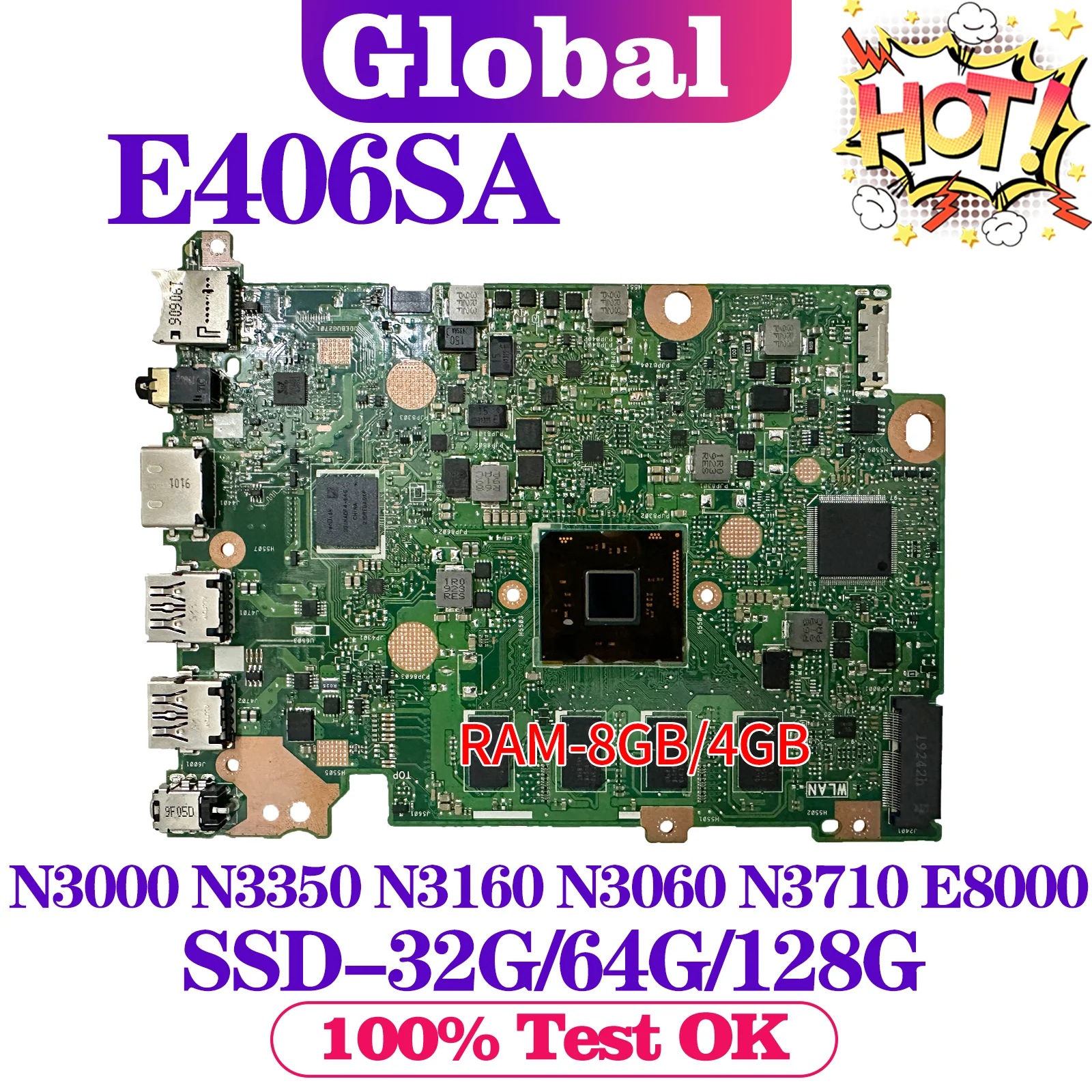 

KEFU E406SA Mainboard For ASUS E406 E406S Laptop Motherboard N3000 N3350 N3060 N3160 N3710 E8000 4GB/8GB-RAM SSD-32G/64G/128G