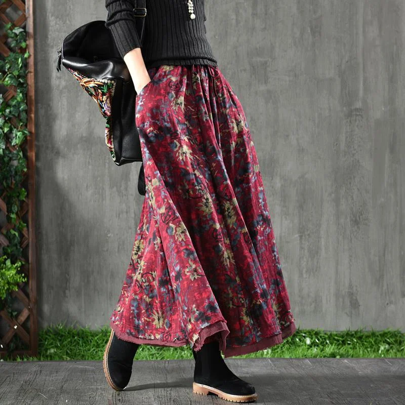 

A-Line Pleated Vintage Skirts For Women Autumn Floral Long Skirt Pockets Elegant Loose High Waist Winter Maxi Skirts Womens C377