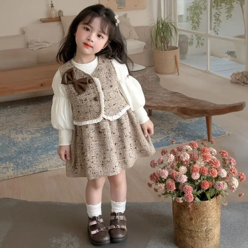 

Платье с длинными рукавами для девочек, 2 шт., весенне-осенний новый милый костюм с круглым вырезом, жилет принцессы с пышными рукавами, удобный и универсальный