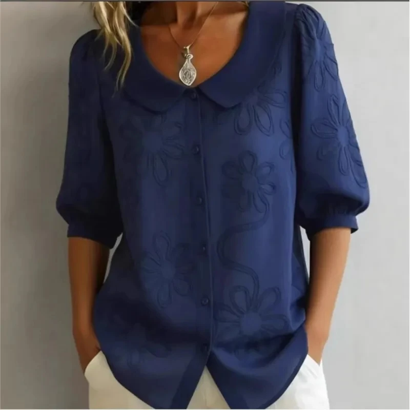 

Single-breasted U-neck Mid-sleeve Embroidered Floral Retro Shirt Top Women's Summer New Office Commuting Loose Solid Color Shirt