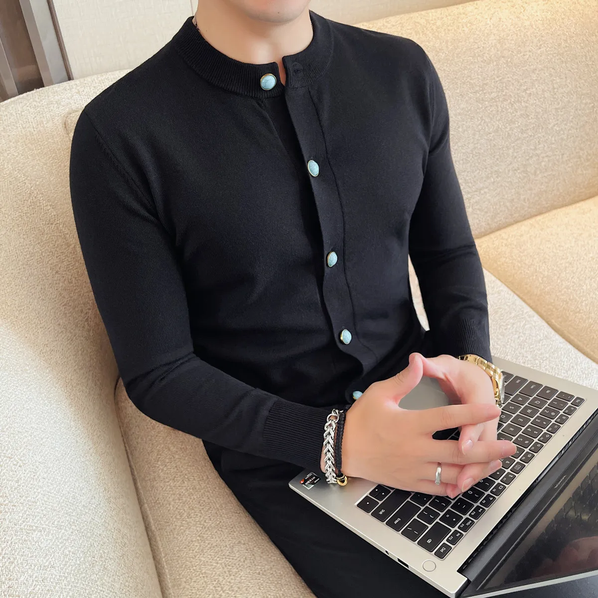 Autumn Winter Men's Long Sleeved Knitted Sweater Round Neck Cardigan Casual Business Slim Fit Elastic Sweatercoat Men Clothing
