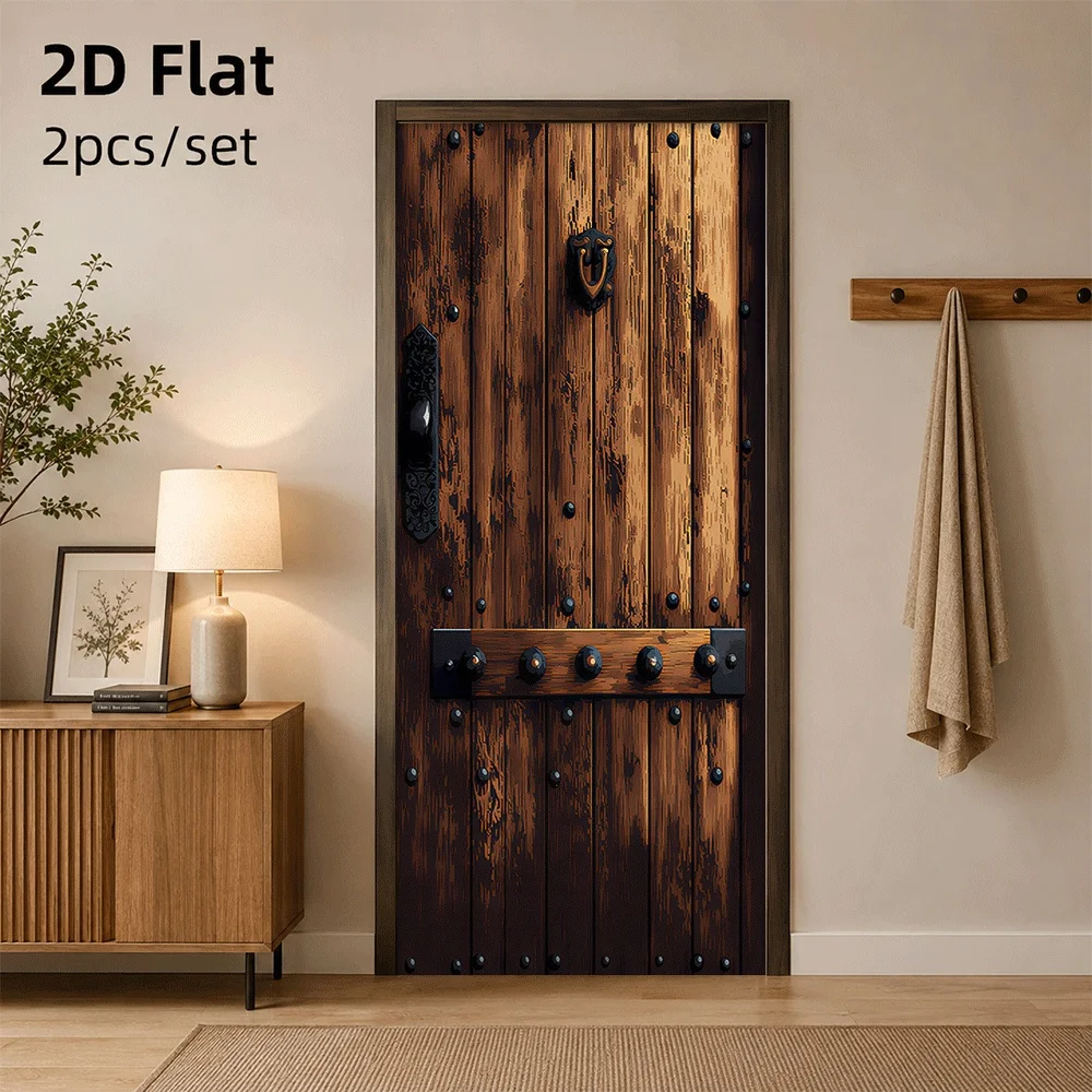 1 piece of retro wooden door decoration sticker with simulated wood grain and metal rivet design, self-adhesive and easy to stic