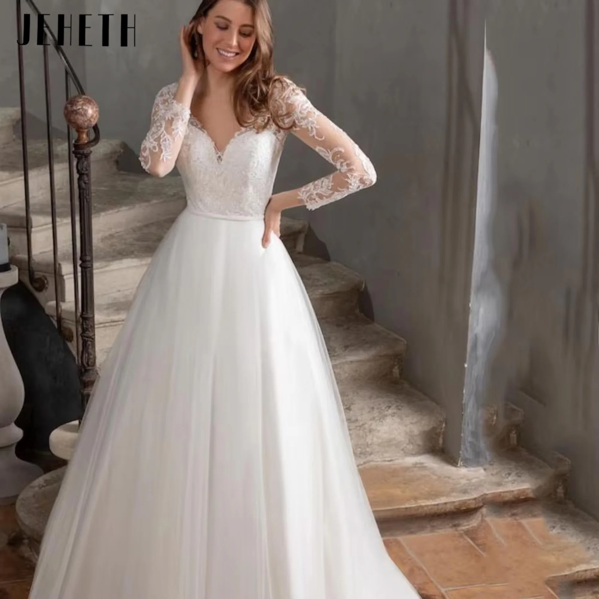 

JEHETH Tulle A-Line Elegant Wedding Dresses V Neck Lace Bride Dress Long Sleeves Bridal Gowns New Vestidos De Novia Customized