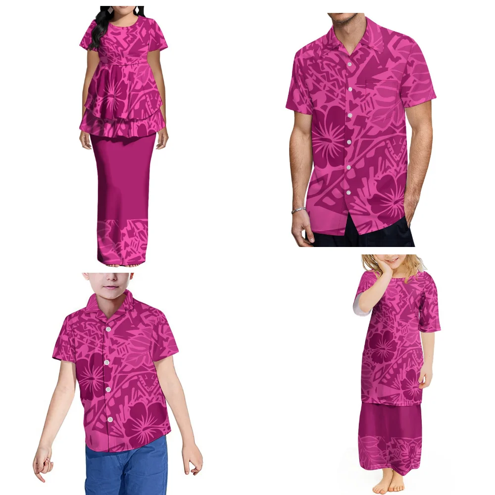 Puletasi المرأة فستان بتصميم بدلة رقبة مستديرة Cinched الخصر طبقة مزدوجة هيم البولينيزية 4 قطعة قميص رجالي مخصص لملابس الأسرة