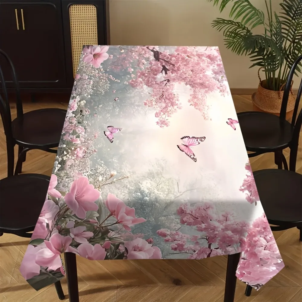 Watercolor Cherry Blossom Floral Tablecloth Waterproof Picnic Outdoor Dining Table Cover for Home Decor