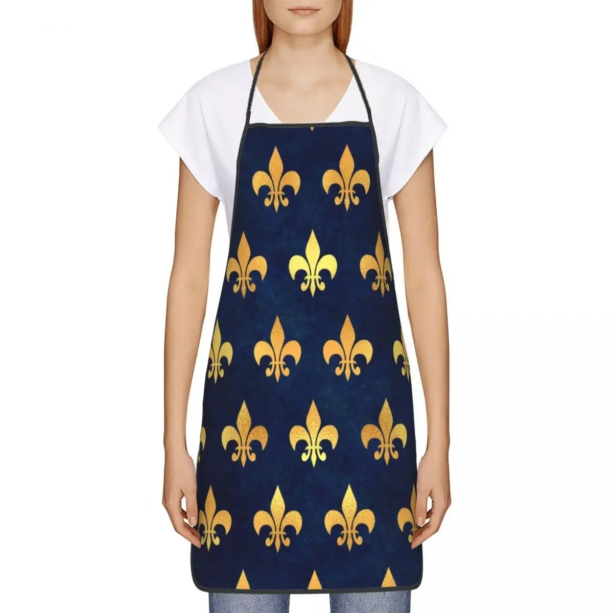 Royal Gold Blue Grunge Fleur De Lis Apron Women Men Unisex Bib Lily Flower Kitchen Cooking Tablier Cuisine Chef Painting