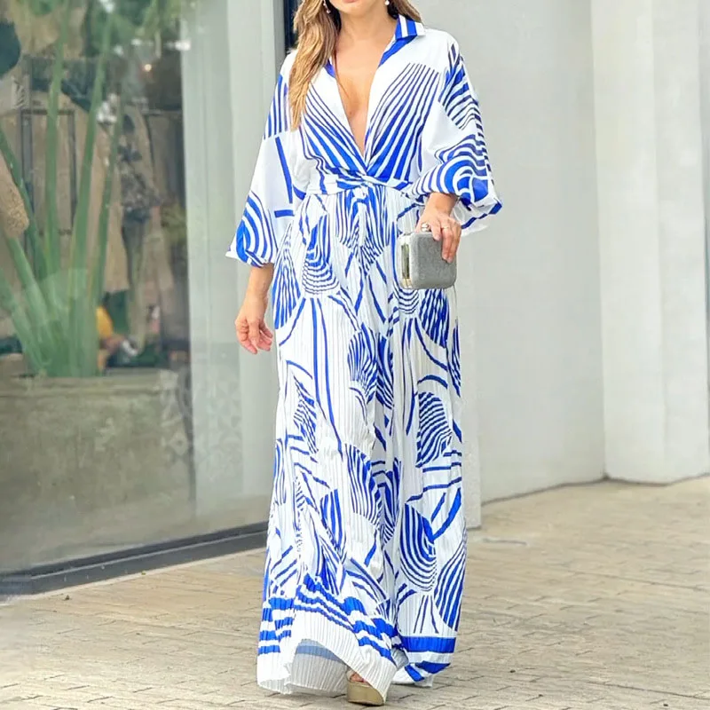 2024 Elegante Patroon Print Lace Up Vrouwen Jumpsuit Mode High Street Korte Mouwen Wijde Pijpen Speelpakje Casual Lange Mouwen Romper