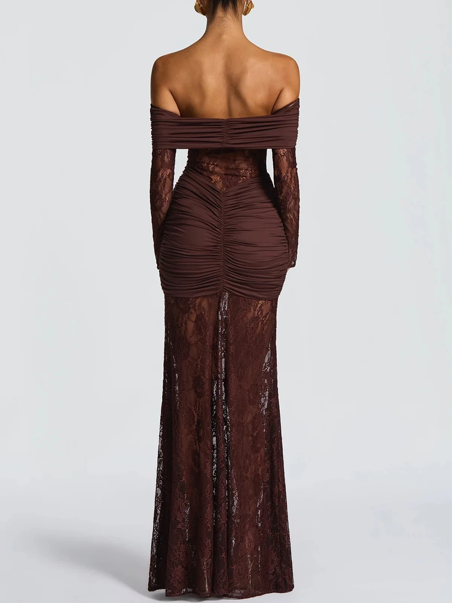 VGH 블랙 레이스 오프숄더 웨딩 게스트 드레스 여성 슬림핏 롱 슬리브 러치드 머메이드 헴 맥시 드레스 고급 디너용