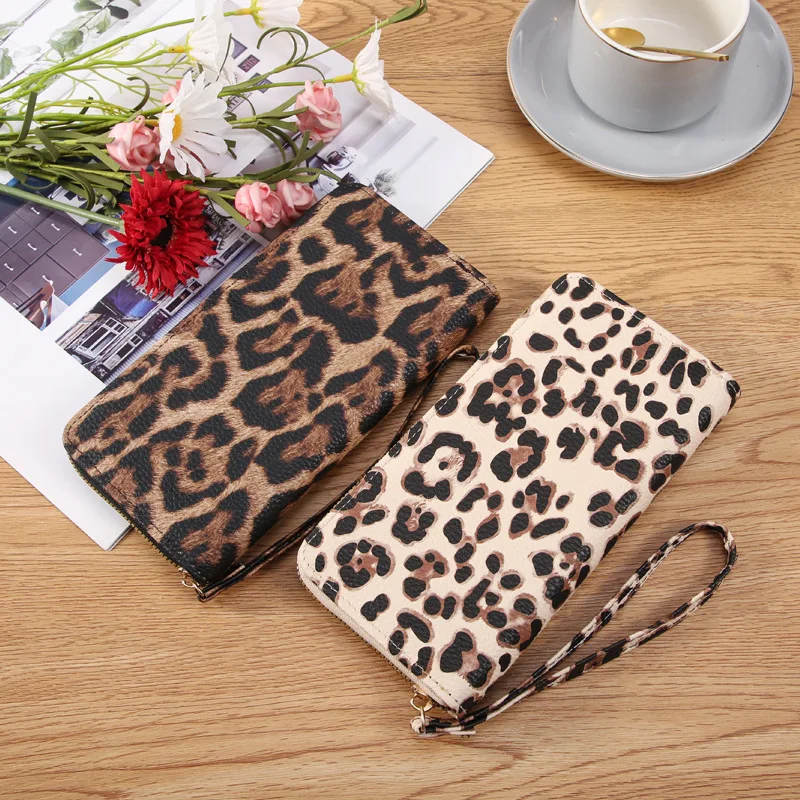PU leather ladies' long wallet with leopard print, large-capacity multi-functional mobile phone storage wrist wallet