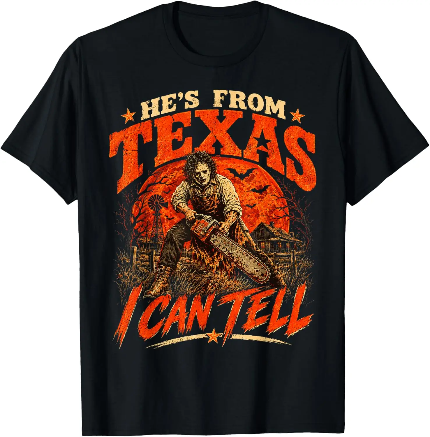 Hes From Texas I Can Tell Scary Chainsaw Horror T-Shirt Fun 100% Cotton Short-Sleeve Shirt – A Gift For Halloween Or Christmas.