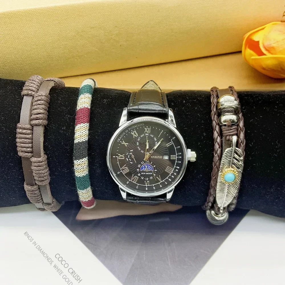 ชุดนาฬิกาควอทซ์ปฏิทินมัลติฟังก์ชัน5ชิ้นประกอบด้วยกล่องสร้อยข้อมือ