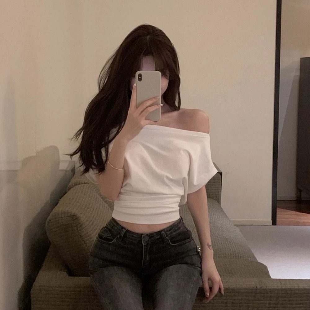

Sweet Pullover Short Sleeve T-shirt Loose Korean Style Off Shoulder T Shirts Streetwear Chic Y2K Crop Top Girls