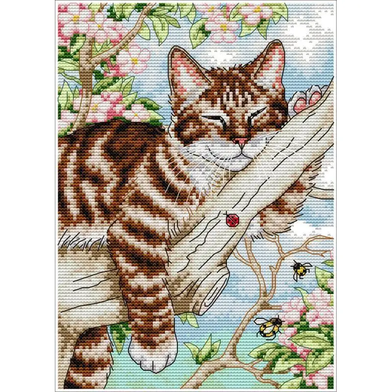 Gatto pigro in un albero modello animale Kit punto croce Aida 14ct 16ct 11ct tela DMC filo da ricamo Set ricamo fatto a mano fai da te