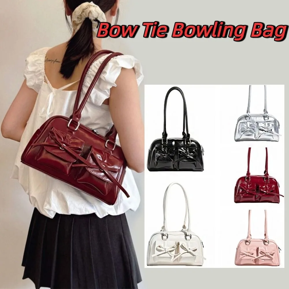 

Fashion French Style Bow Tie Bowling Bag Bowknot Large Capacity Boston Shoulder Bag Elegant PU Leather Women Handbags Armpit Bag