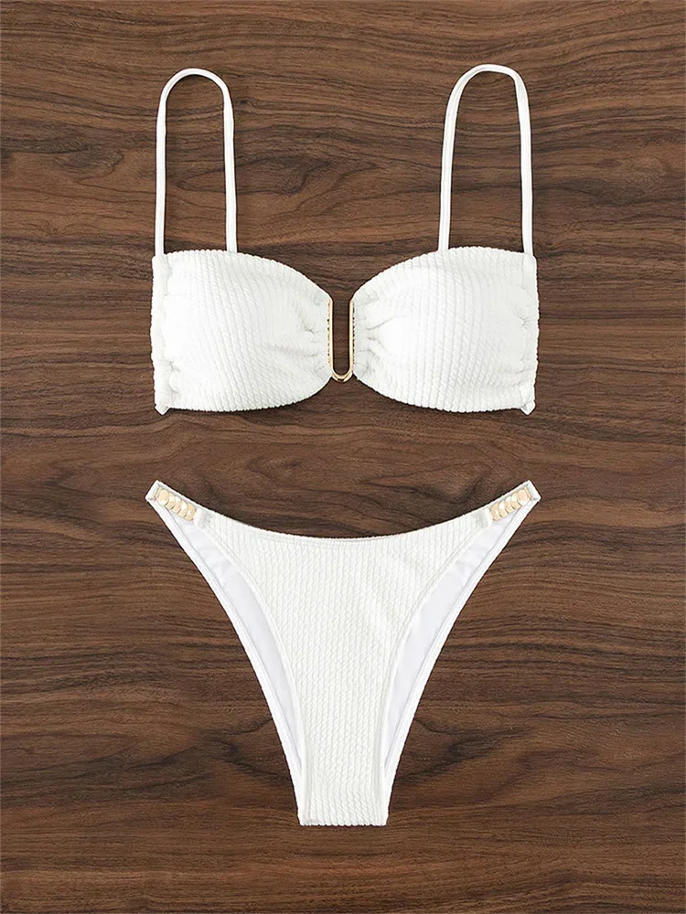 Sexy U-hals Bikini Set Vrouwen Effen Wit Zwart Push Up Geplooid Micro Badpak 2024 Braziliaanse Uitgesneden Badpak String Badmode