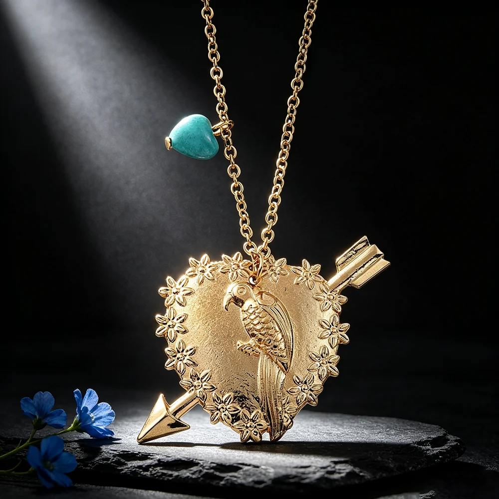Bohemian Parrot Heart Arrow Necklace Pendant Vintage Statement Jewelry for Her