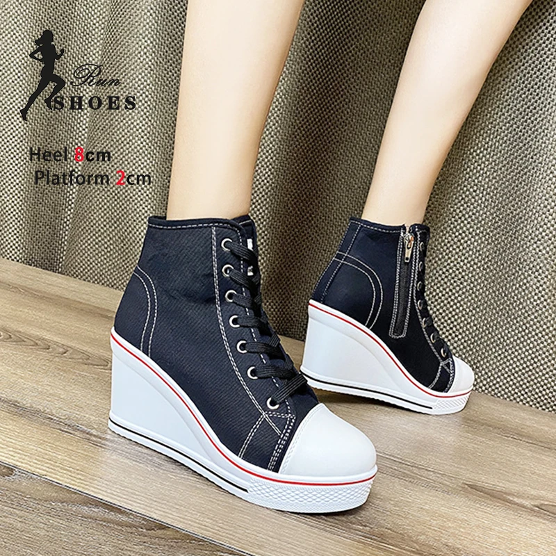 2024 New Women Sneakers 8CM Heels Height Increasing Platform Casual Shoes Woman Comfortable High Top Canvas Shoes Femme Footwear