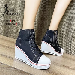 2024 nuove scarpe da ginnastica da donna 8CM tacchi altezza piattaforma crescente scarpe Casual donna comode scarpe di tela alte calzature Femme