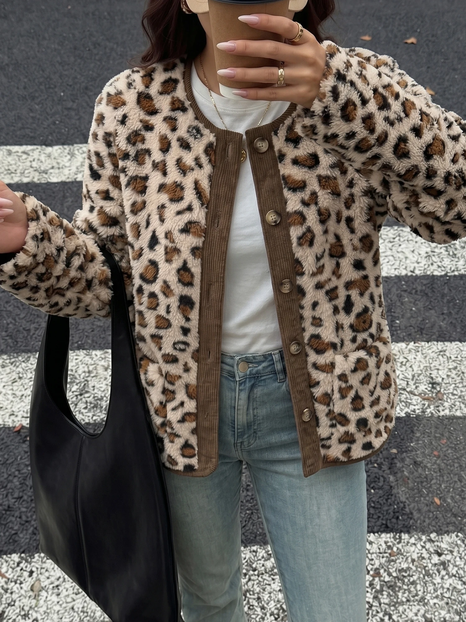 Women's Leopard Print Jacket - Collarless button-down front, contrasting trim, comfortable fleece cardigan