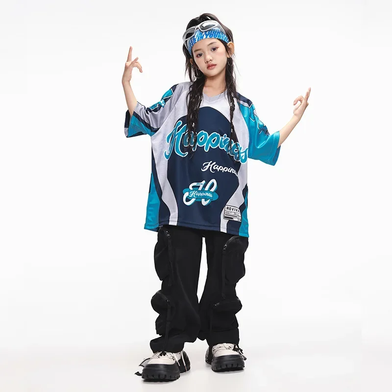 Neue Ballsaal Hip Hop Street Dance Kostüme für Mädchen Casual T-Shirt Schwarz Cargo Hosen Anzug Gruppe Jazz Leistung Bühne Tragen