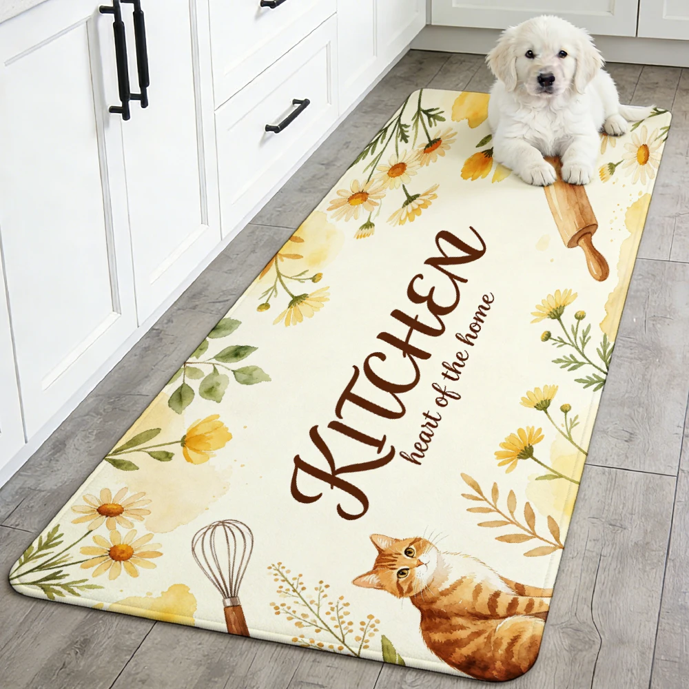 Cream Base Watercolor Daisy Cat Kitchen Utensil Letter Runner Rug, non-slip carpet, fresh floral pet mat kitchen aisle entryway
