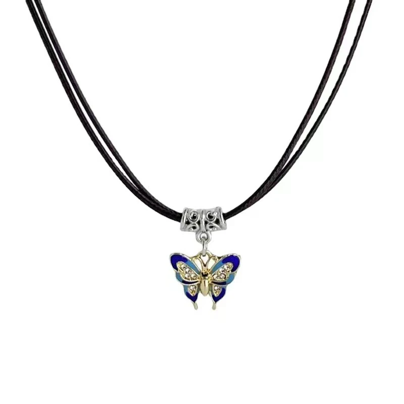 Y2k Vintage Blue Butterfly Pendant Necklace for Women Punk Clothing Beautiful Leather Rope Choker Necklaces Trend Neck Jewelry