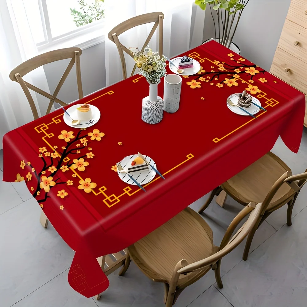 Chinese Lunar New Year Red Plum Blossom Waterproof Tablecloth Table Decor Spring Festival Kitchen Dining Tablecloth Party Decor