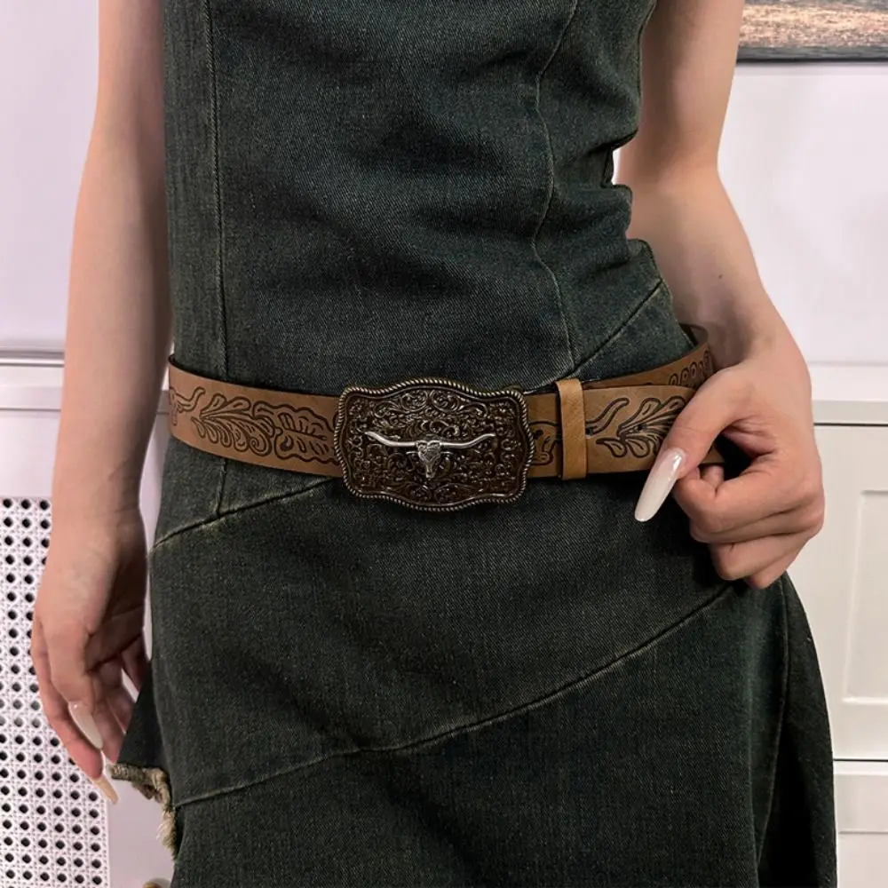 New Fashion Trendy Carved Western Cowboy Belt Cow Head Buckle Vintage Embossed Belt Retro Jeans Pants Belt For Man Women